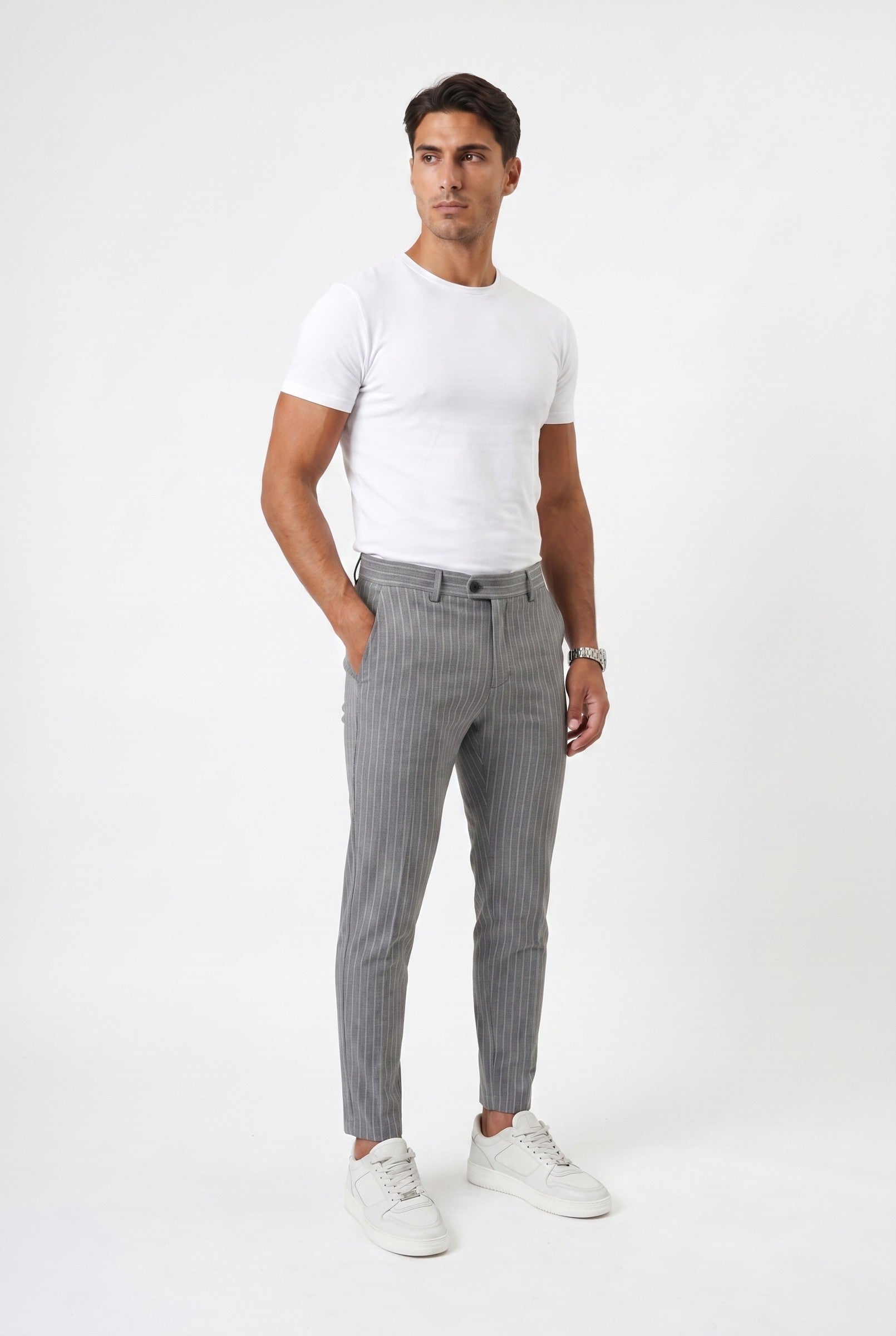 Men's Pinstripe Trousers with Half Belt in Grey | Blackstone London