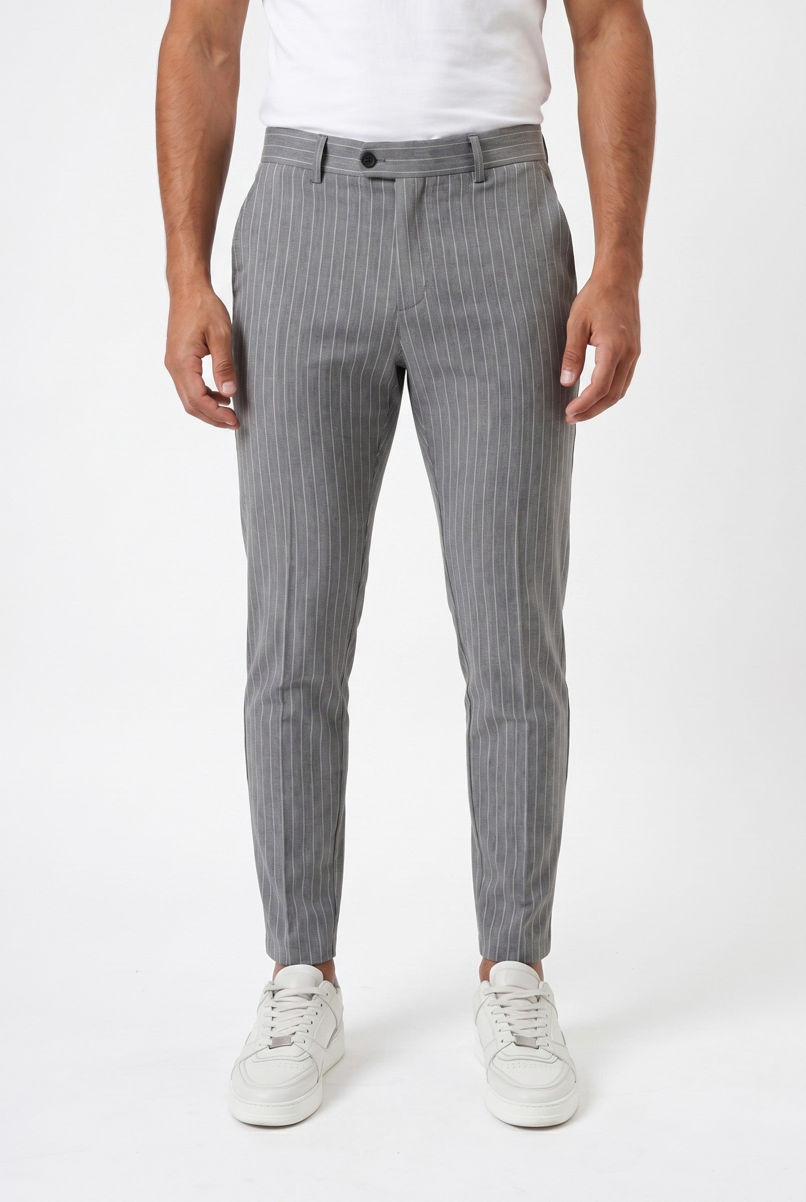 Men's Pinstripe Trousers with Half Belt in Grey | Blackstone London