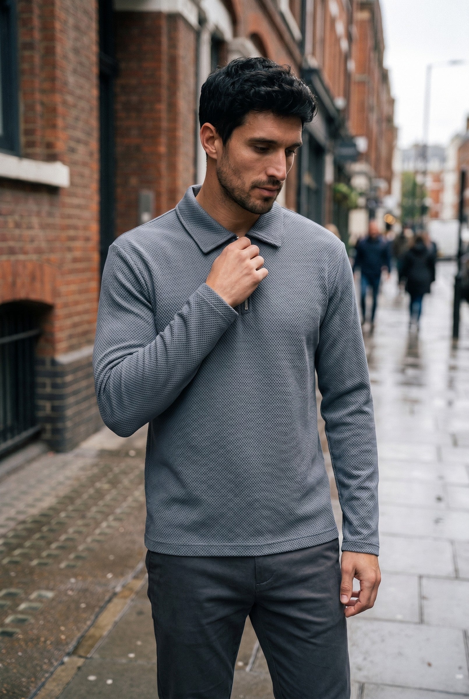 Men's Long Sleeve Textured Polo | Blackstone London