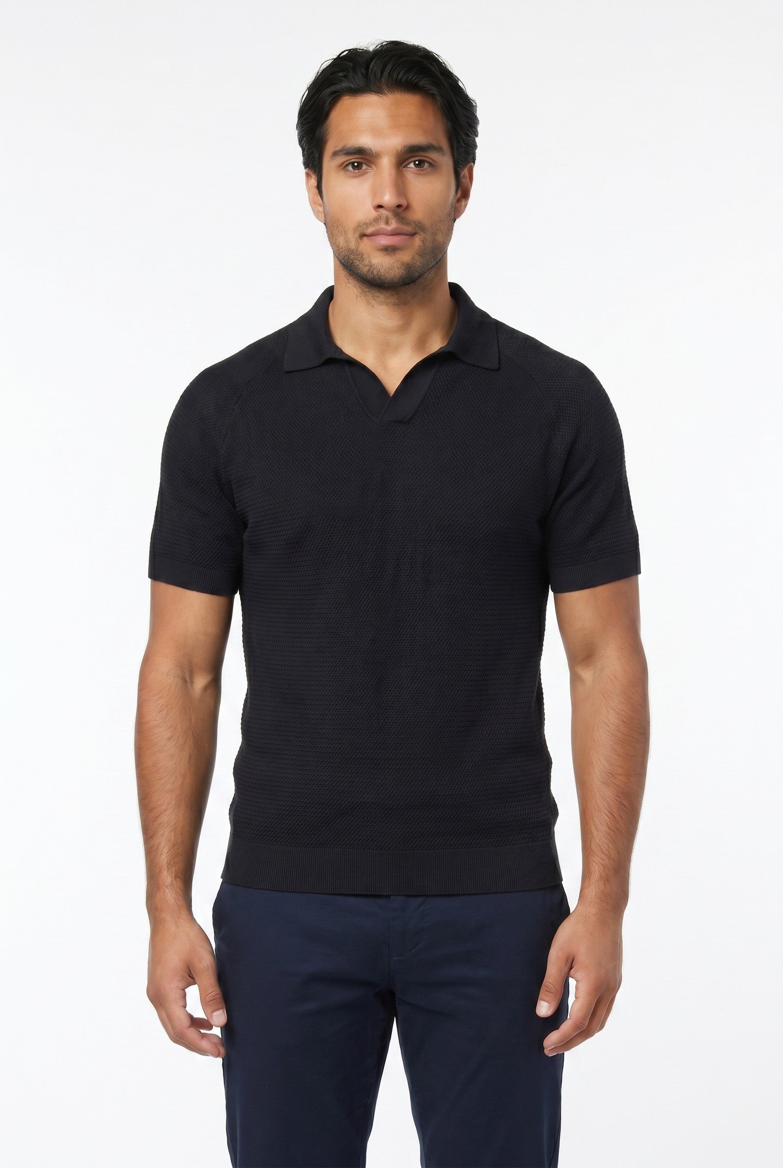 Men's Textured Knitted Open Collar Polo | Blackstone London