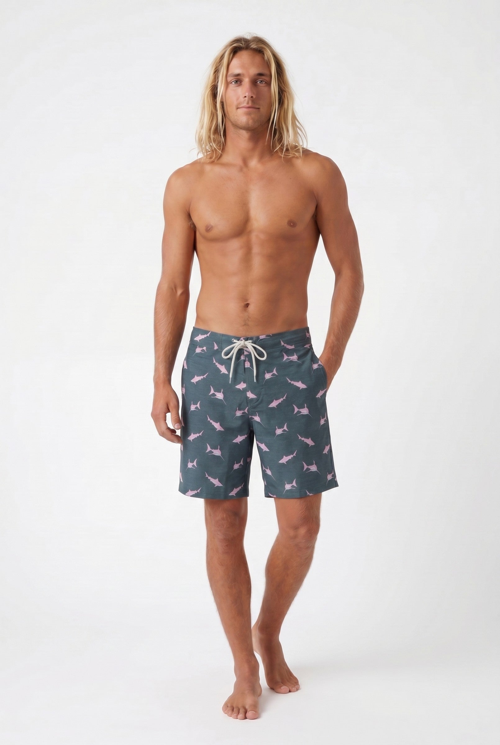 Men's Navy Shark Print Board Shorts | Blackstone London