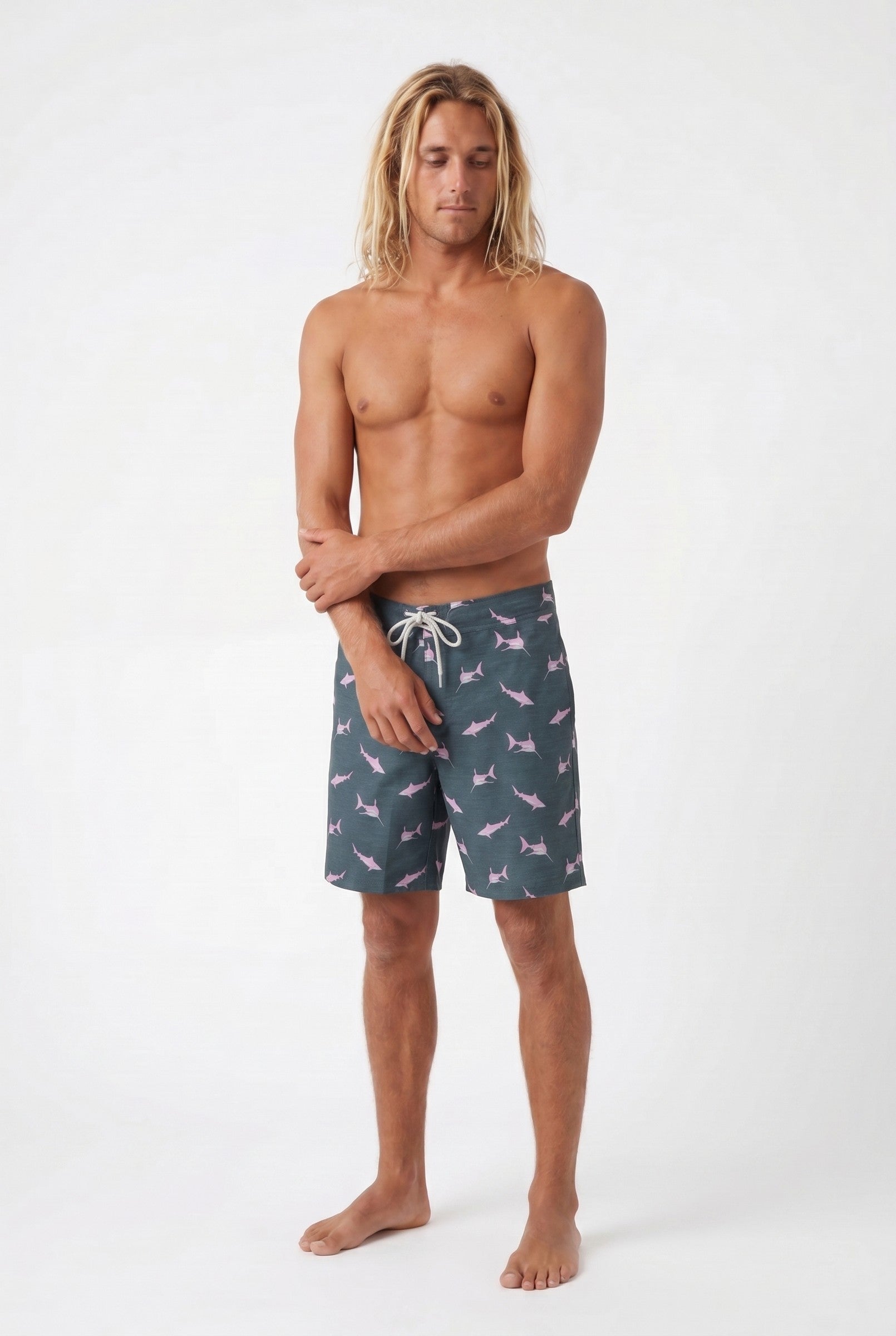 Men's Navy Shark Print Board Shorts | Blackstone London