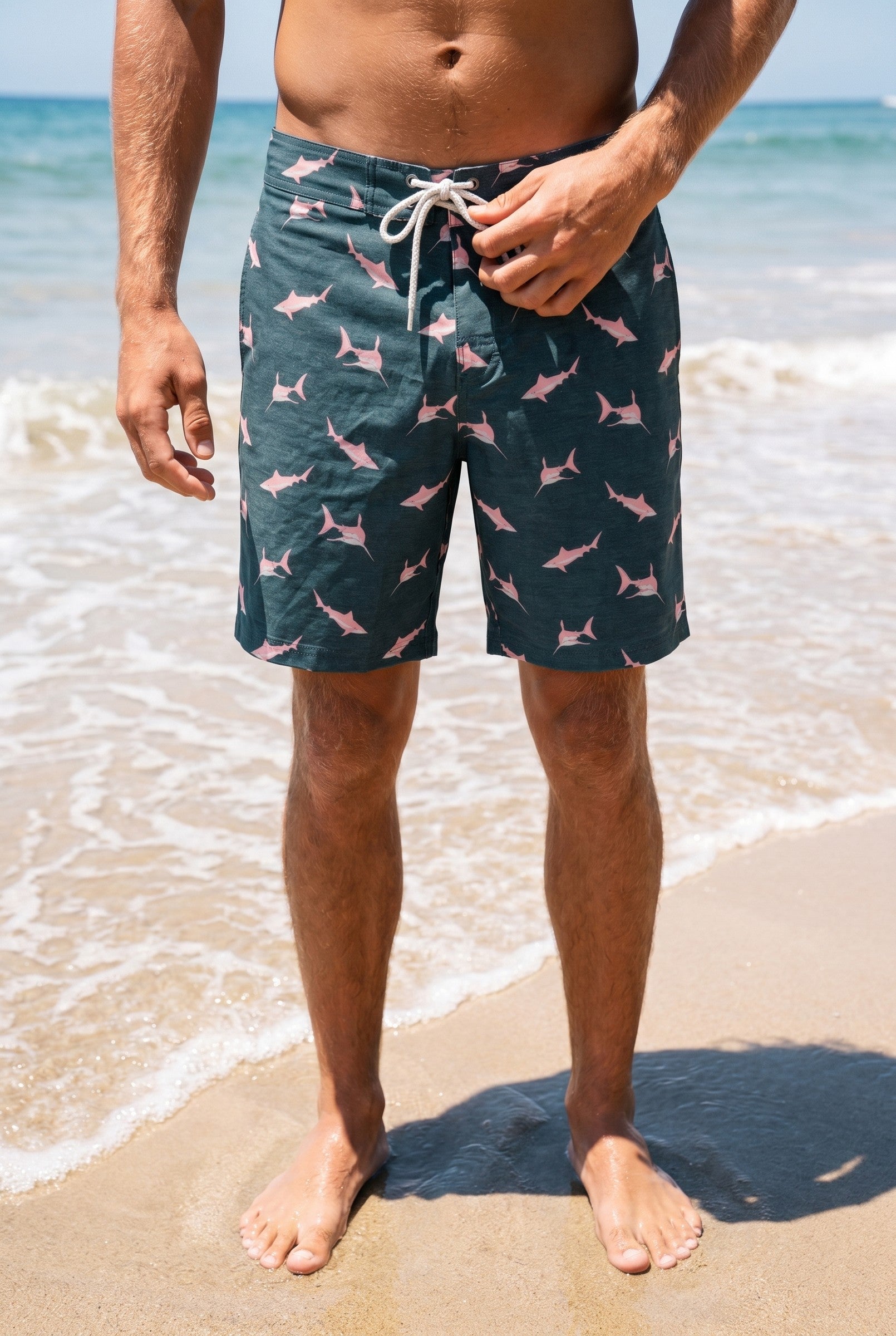 Men's Navy Shark Print Board Shorts | Blackstone London