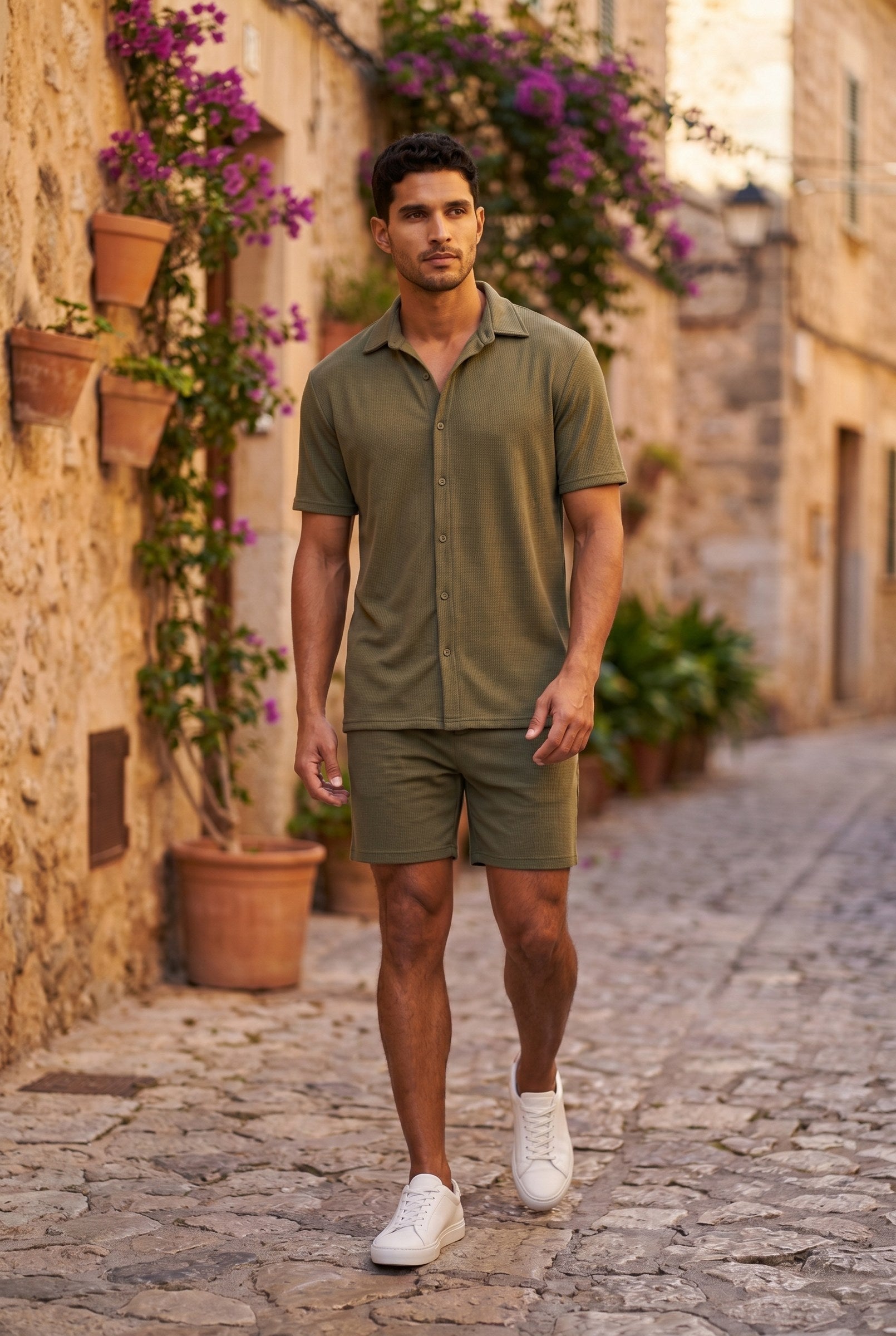 Men's Cuban Collar Knit Shirt & Shorts 2-Piece Set | Blackstone London