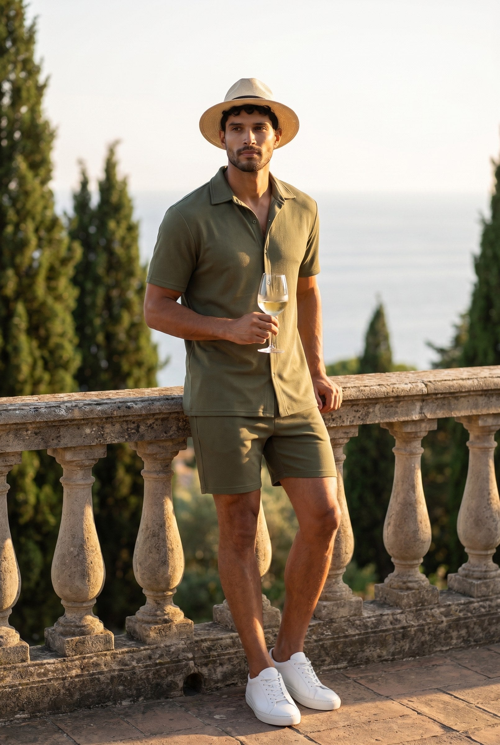 Men's Cuban Collar Knit Shirt & Shorts 2-Piece Set | Blackstone London