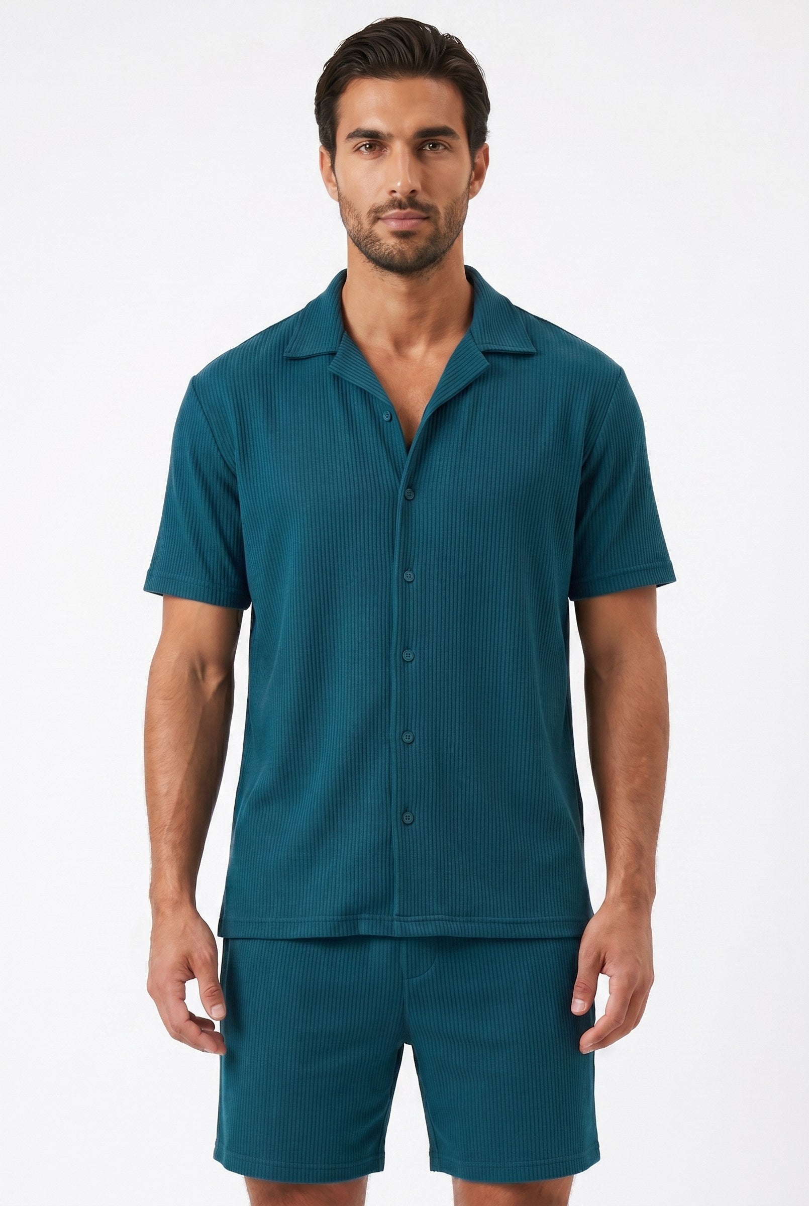 Men's Cuban Collar Knit Shirt & Shorts 2-Piece Set | Blackstone London