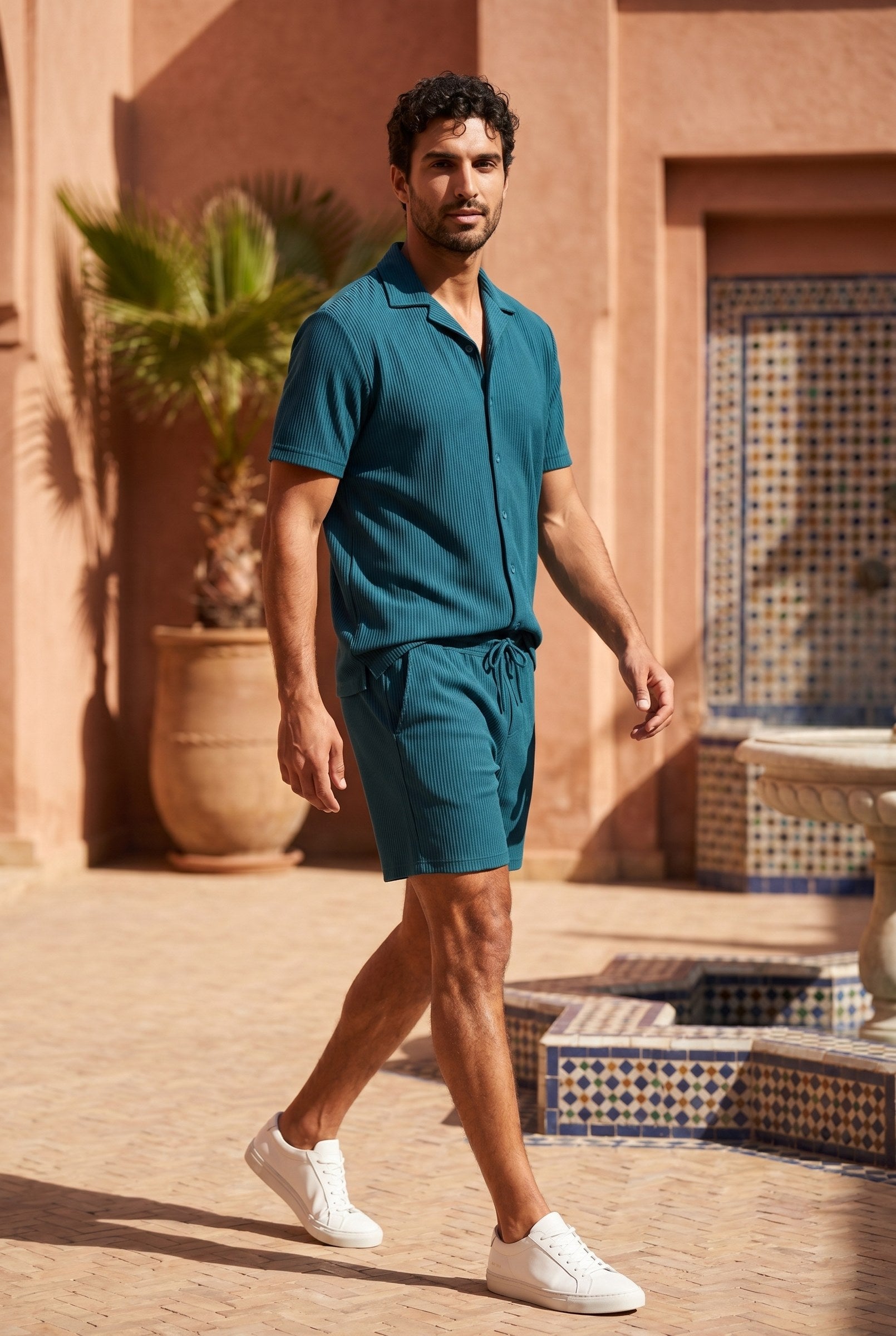 Men's Cuban Collar Knit Shirt & Shorts 2-Piece Set | Blackstone London