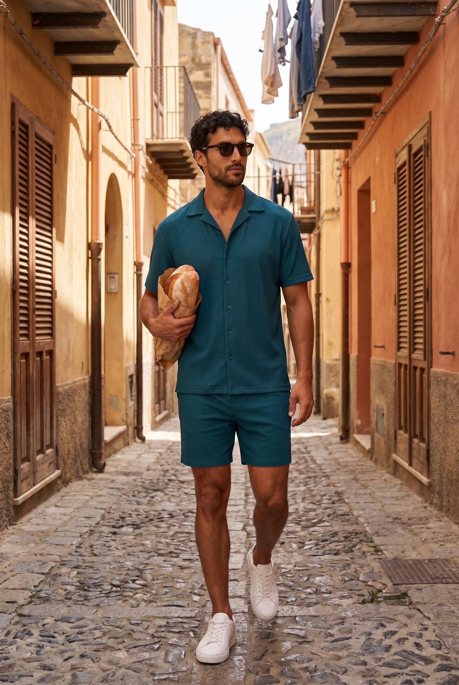 Men's Cuban Collar Knit Shirt & Shorts 2-Piece Set | Blackstone London