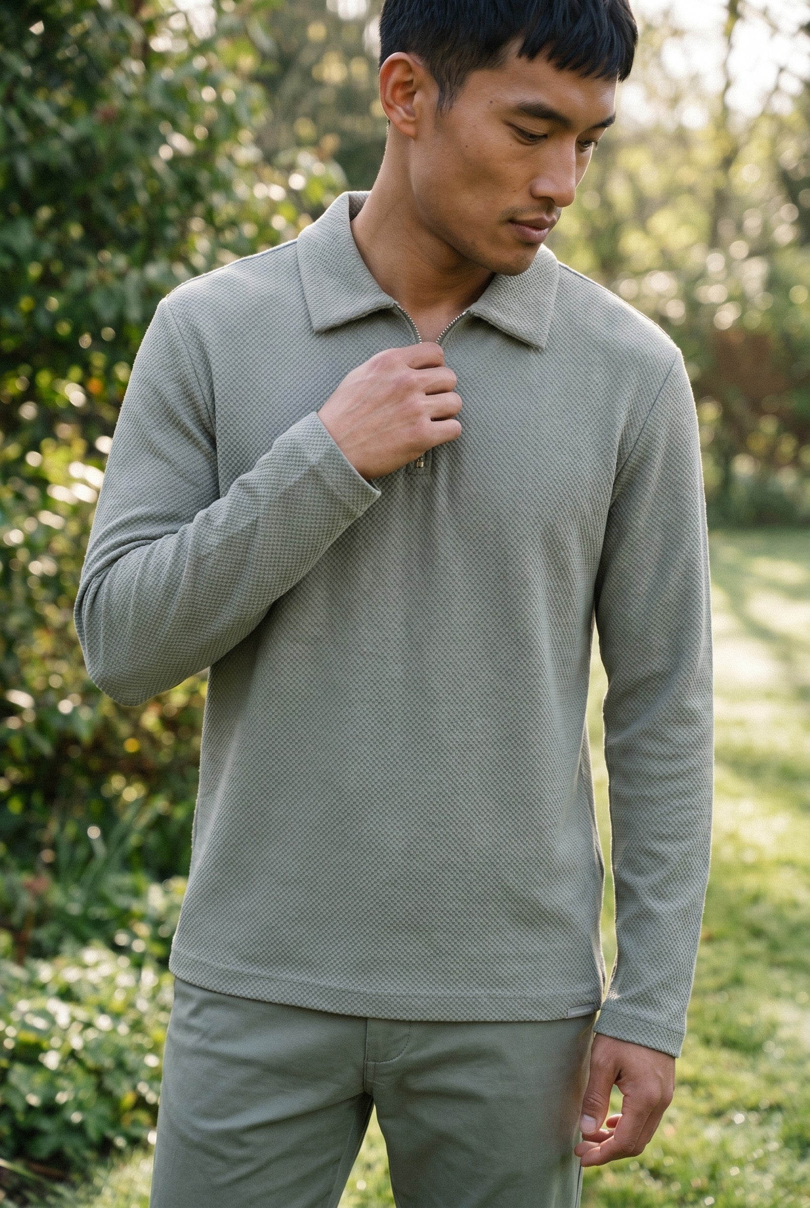 Men's Long Sleeve Textured Polo | Blackstone London