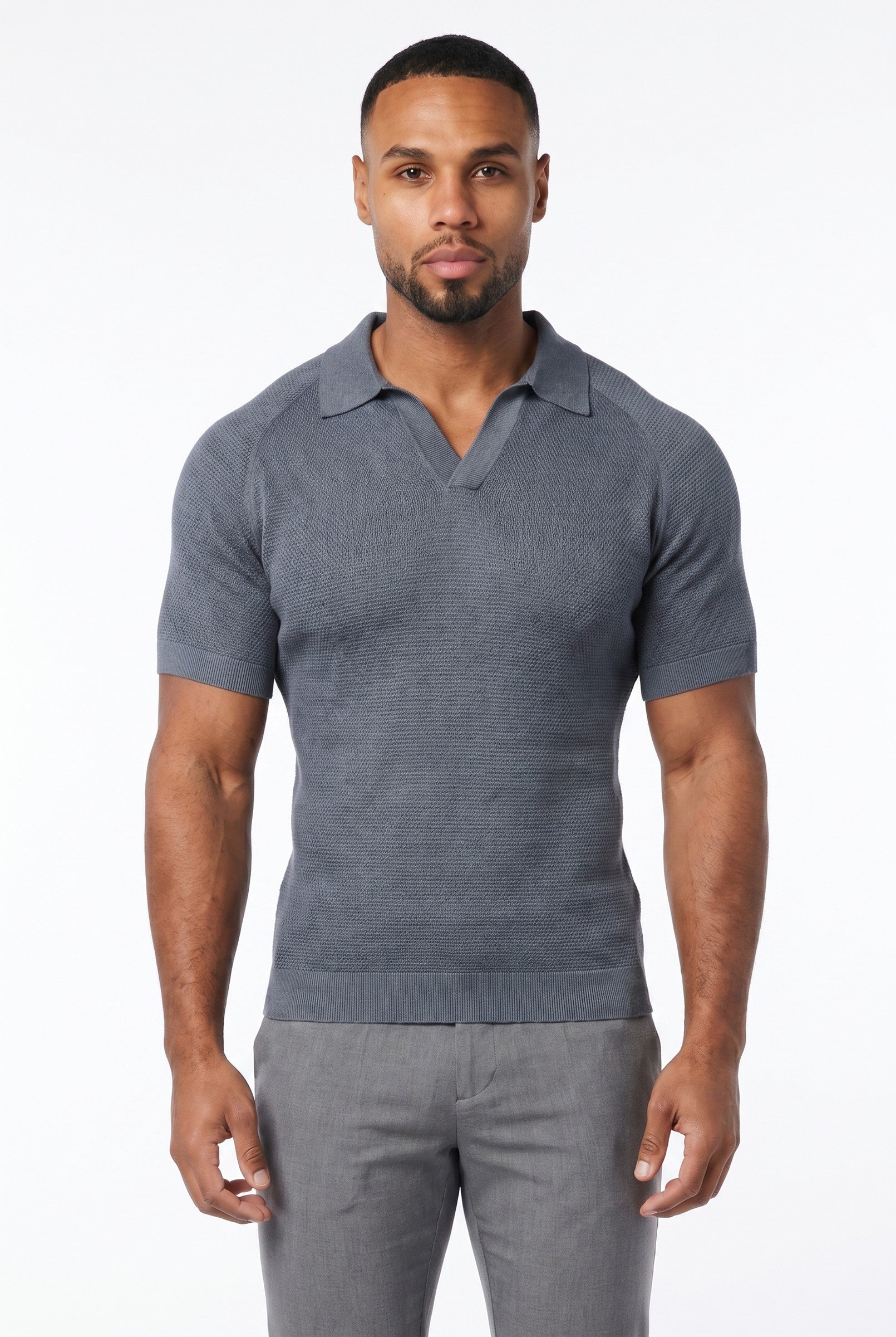 Men's Textured Knitted Open Collar Polo | Blackstone London