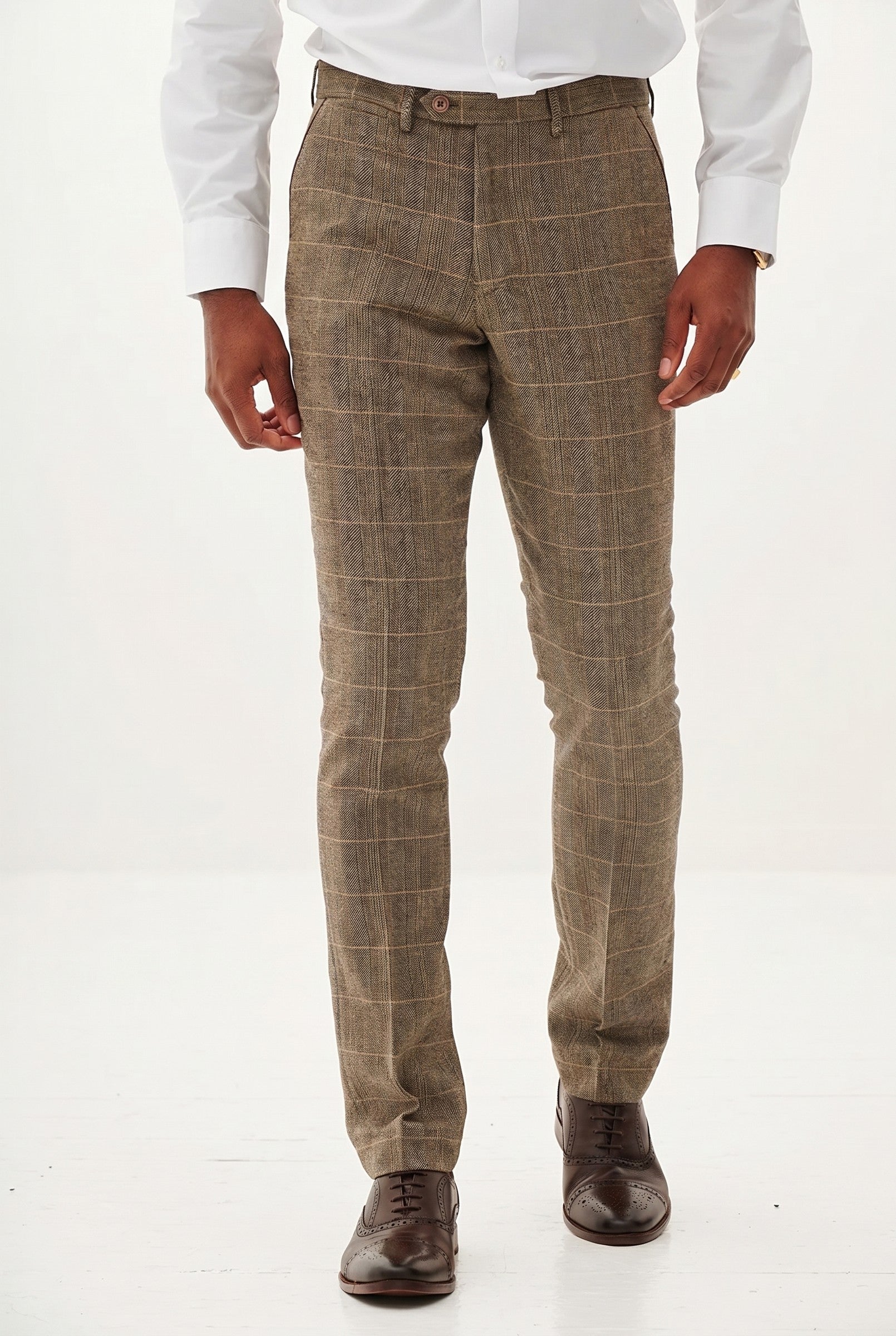 Men's Ted Tan Tweed Herringbone Check Trousers | Blackstone London
