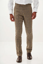 Men's Ted Tan Tweed Herringbone Check Trousers | Blackstone London