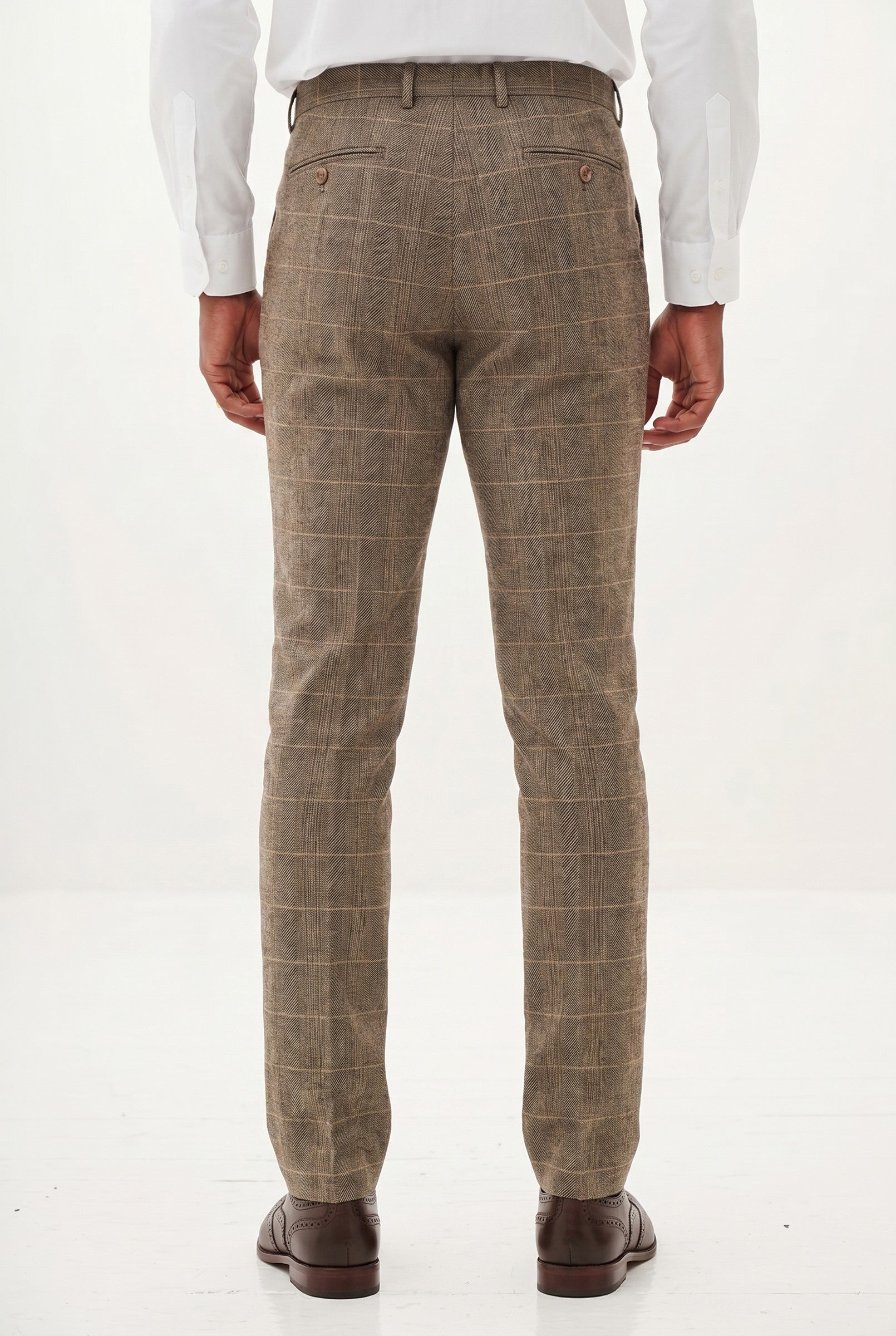 Men's Ted Tan Tweed Herringbone Check Trousers | Blackstone London