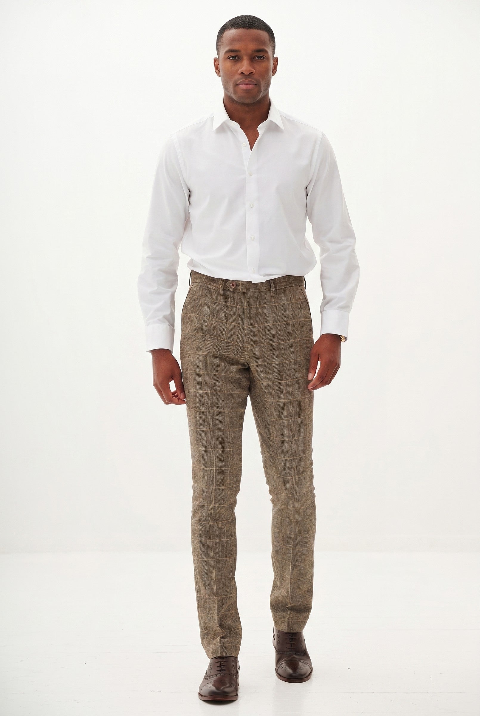 Men's Ted Tan Tweed Herringbone Check Trousers | Blackstone London