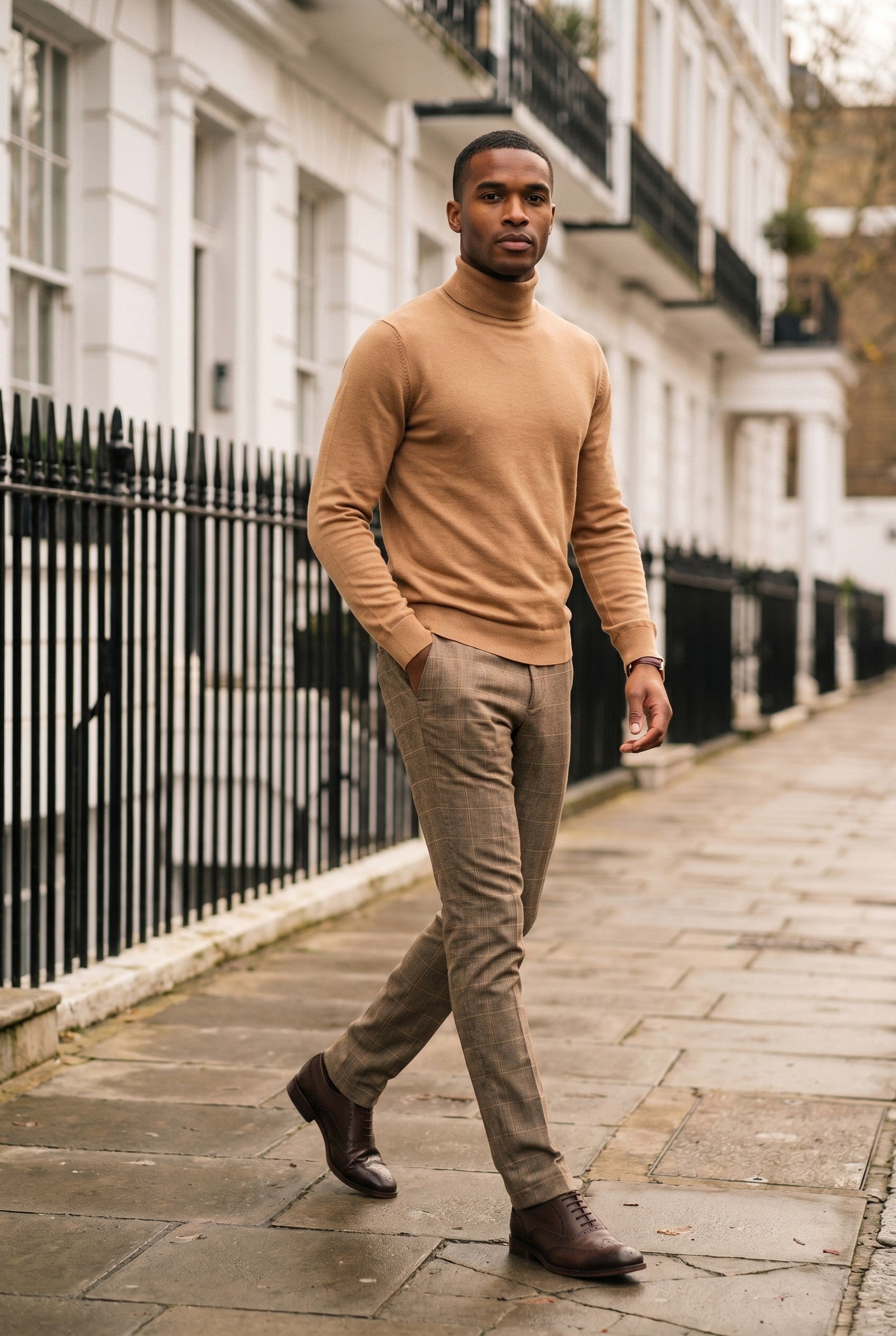 Men's Ted Tan Tweed Herringbone Check Trousers | Blackstone London