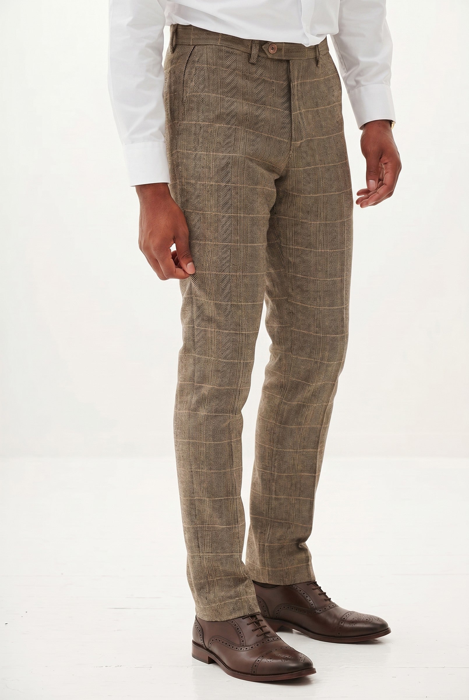 Men's Ted Tan Tweed Herringbone Check Trousers | Blackstone London