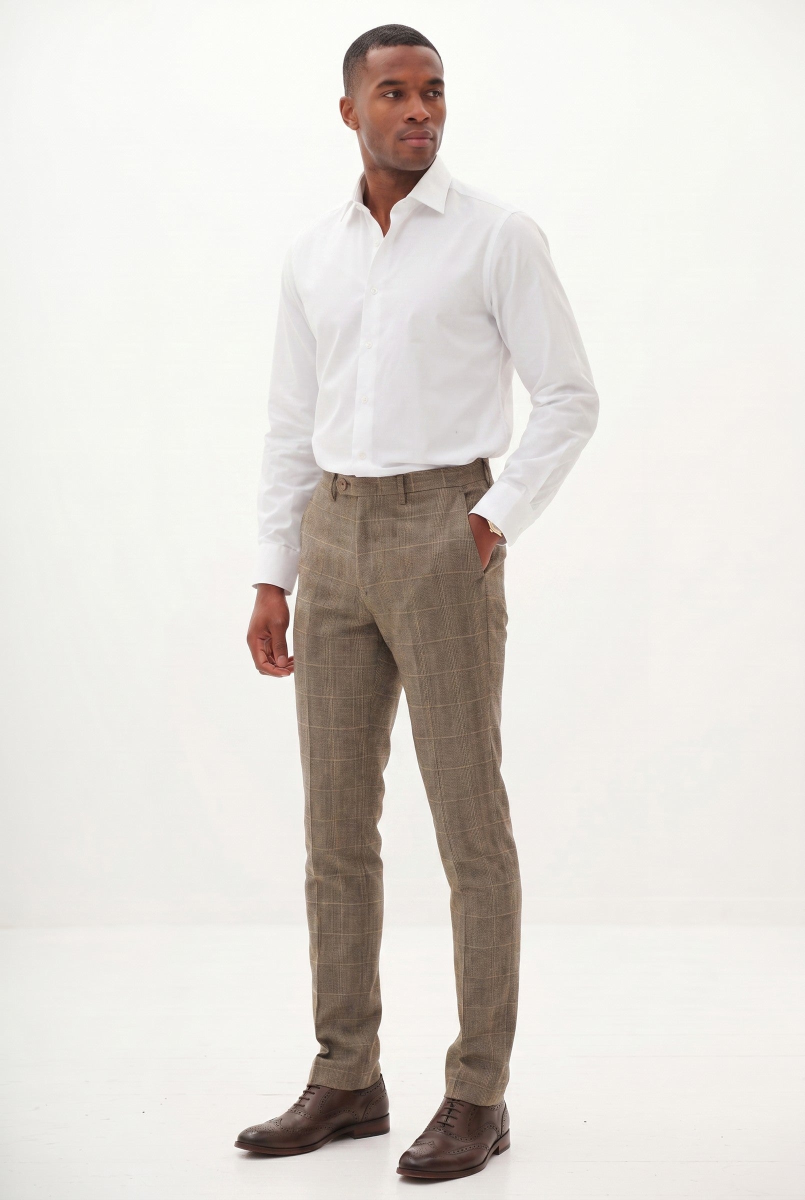 Men's Ted Tan Tweed Herringbone Check Trousers | Blackstone London