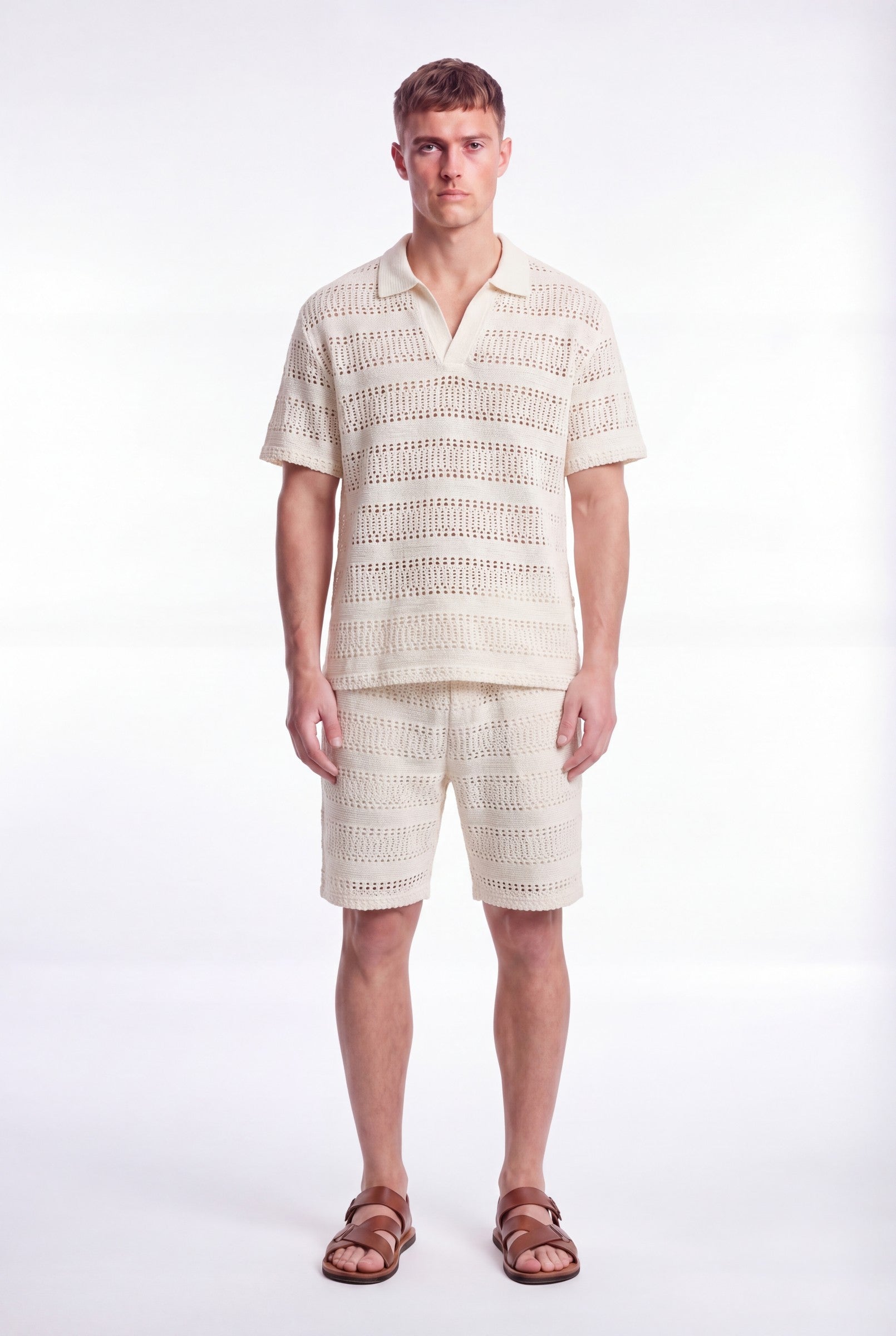 Men's Crochet Knit Stripe Boxy Polo | Blackstone London