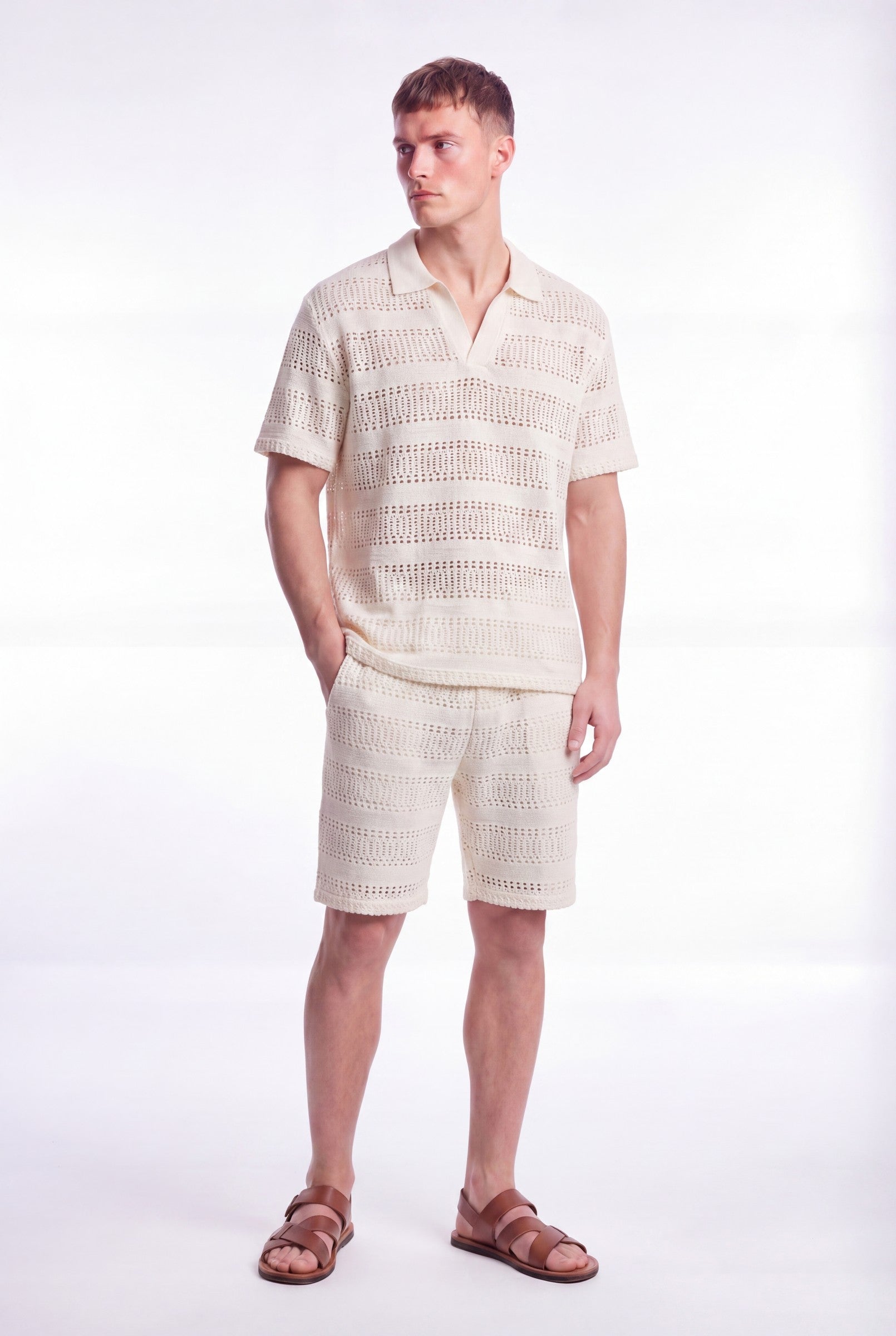Men's Crochet Knit Stripe Boxy Polo | Blackstone London