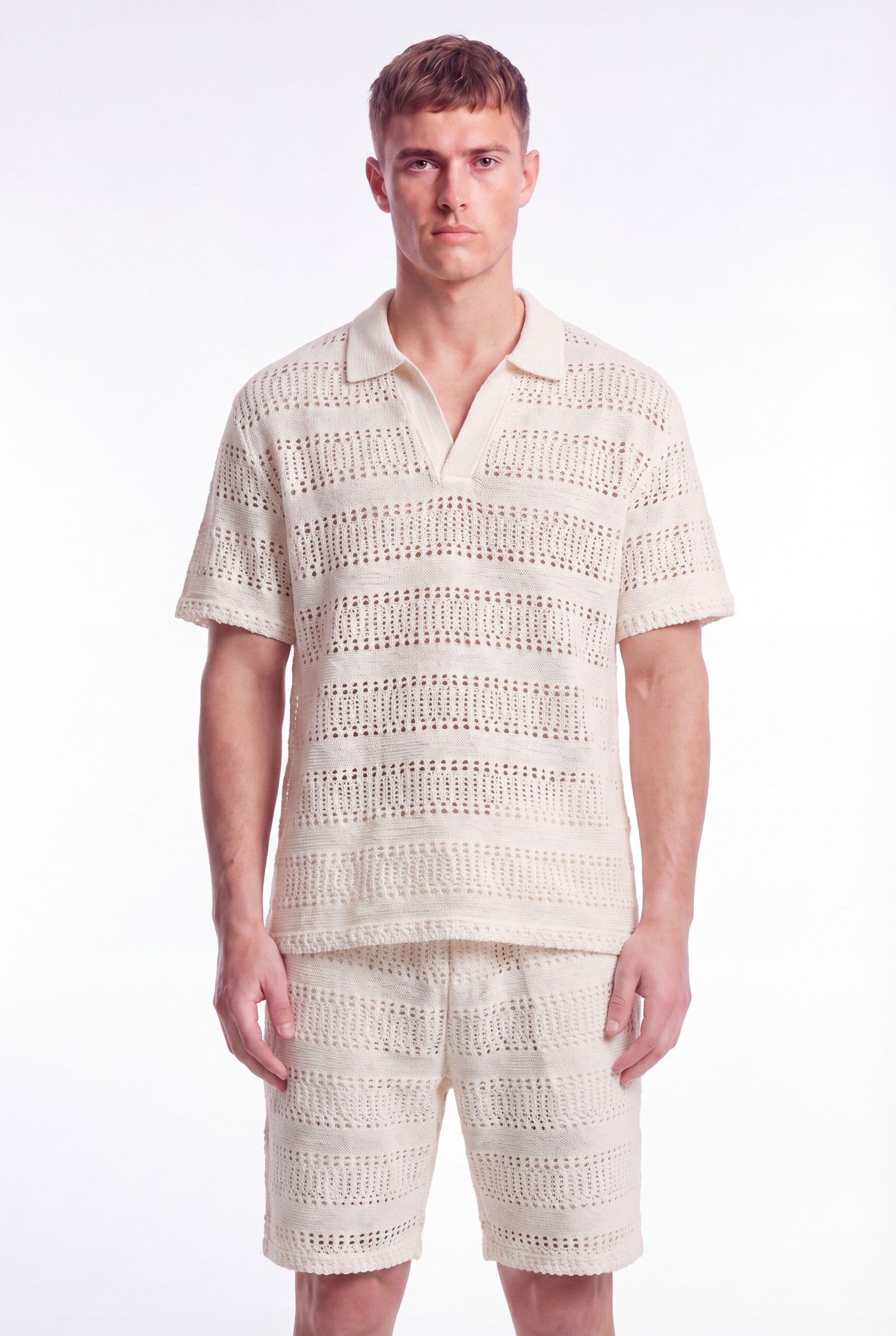 Men's Crochet Knit Stripe Boxy Polo | Blackstone London