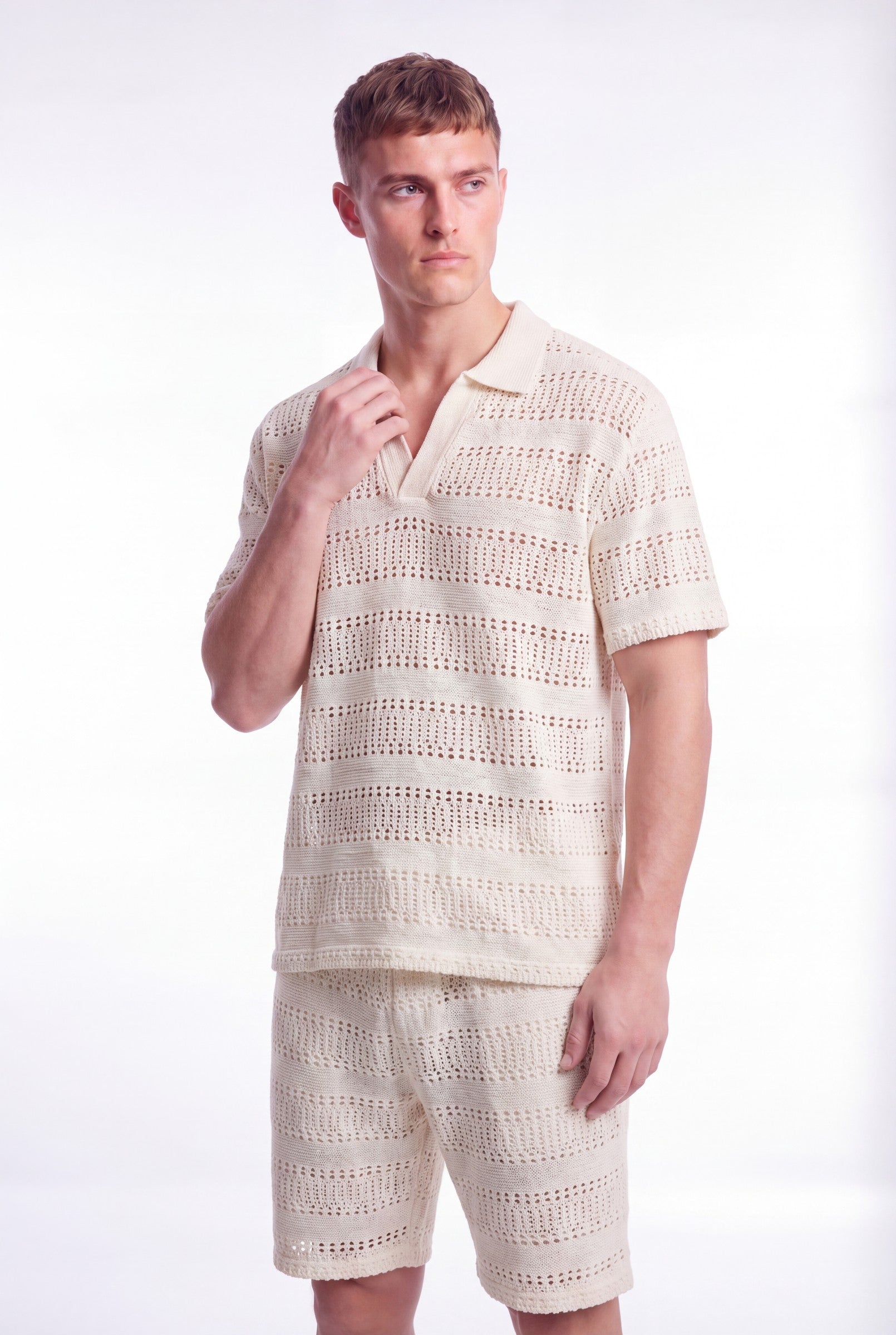 Men's Crochet Knit Stripe Boxy Polo | Blackstone London